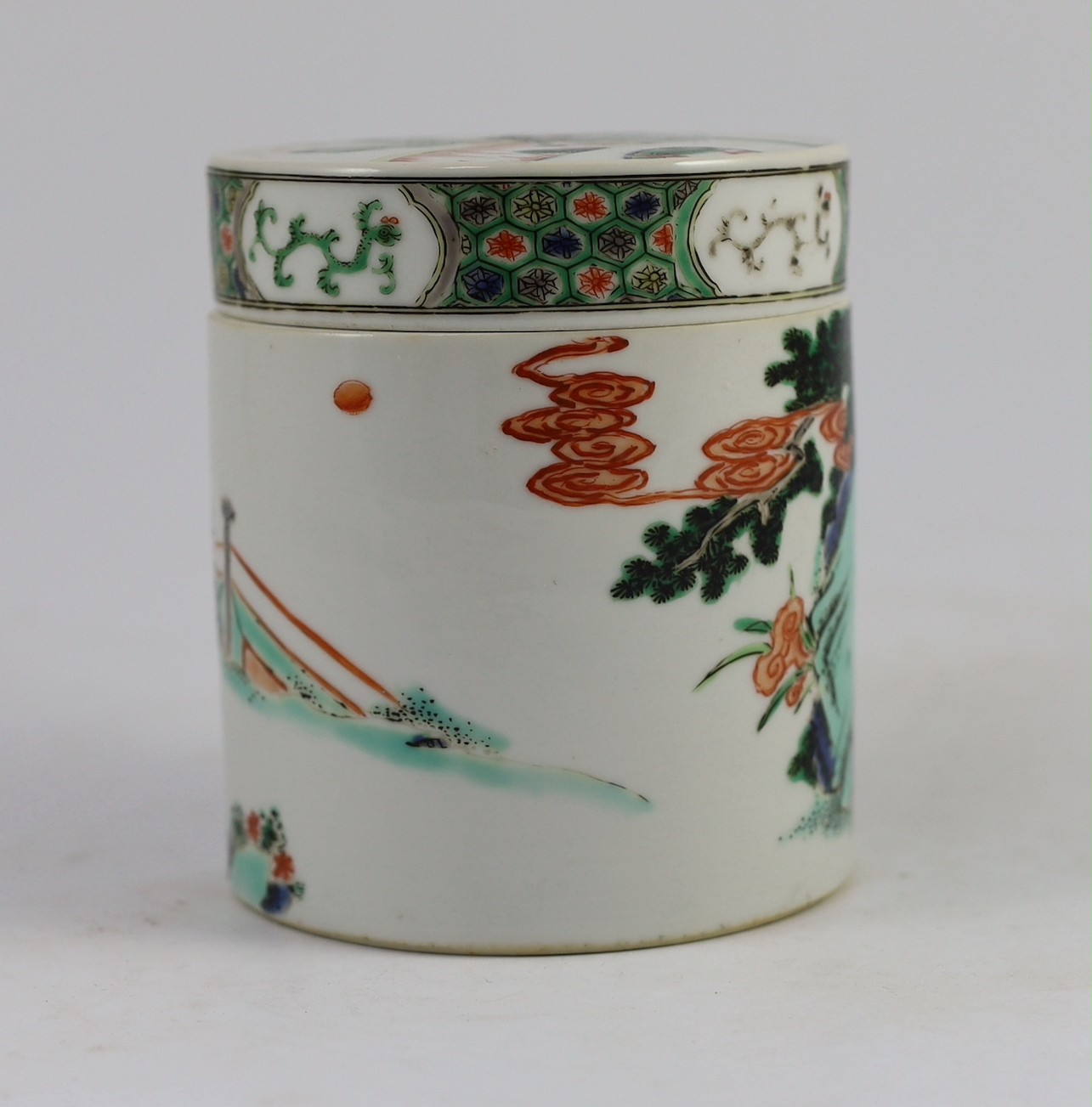 A Chinese famille verte cylindrical jar and cover, 19th century, 11.5cm high